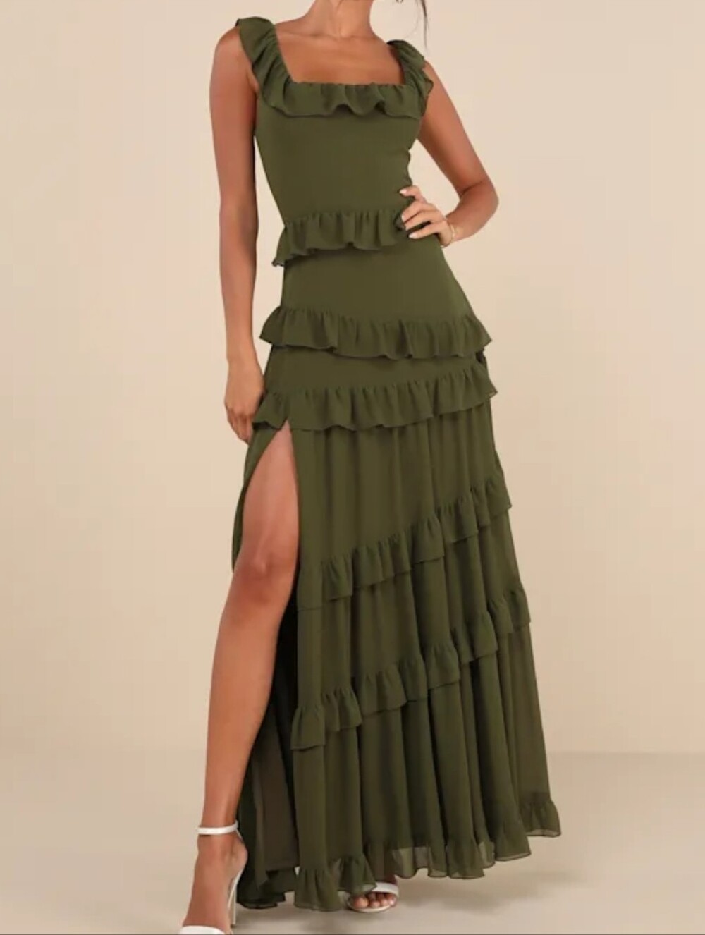 Lulus Compelling Romantic Olive Green Ruffled Tiered Maxi Dress, Size Medium